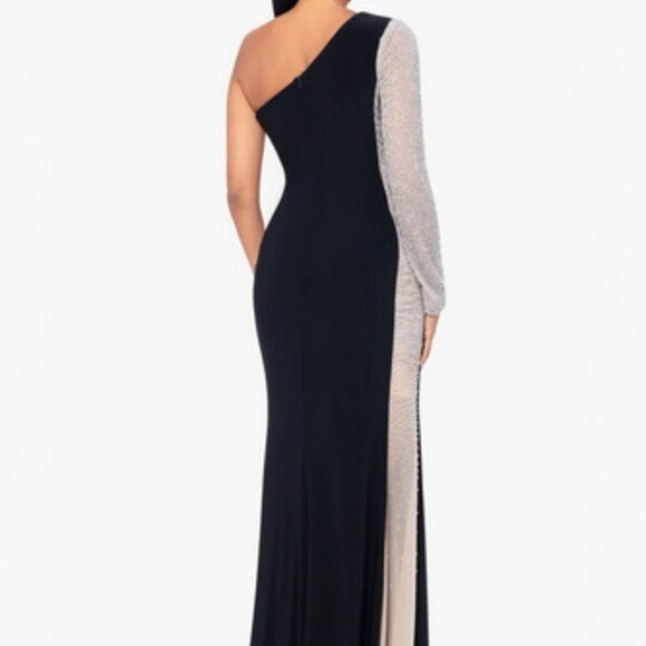 Xscape Black Nude Bead Detail Long Sleeve One Shoulder Gown - Picture 3 of 6